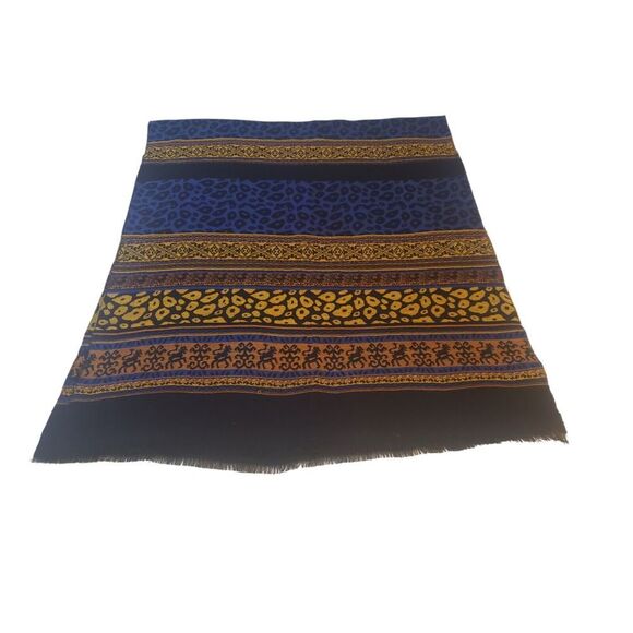 Womens Wool Scarf 64" x 27" Yellow Purple Navy Animal 1/2" Fringe Made in C.E.E. - Picture 2 of 13